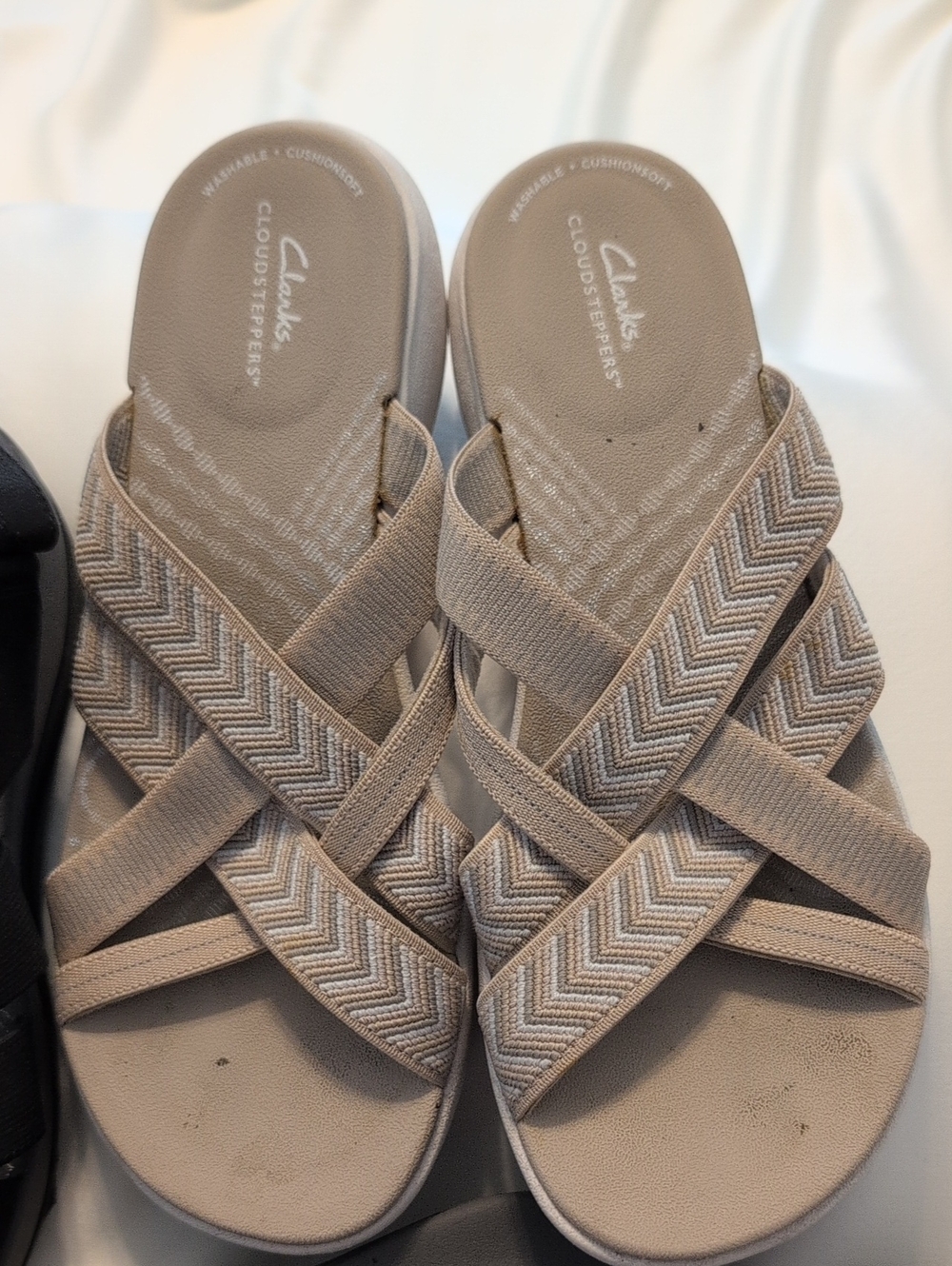 3 pair - 1 Clarks Beige Woven Crisscross Slide Sandals & 2 Black Casual Sandals - Picture 2 of 7